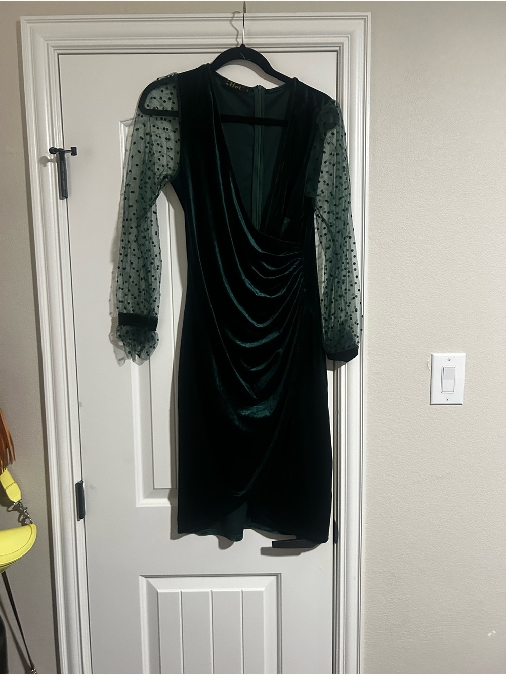 Velvet Wrap Dress with Sheer Polka Dot Sleeves - Dark Green